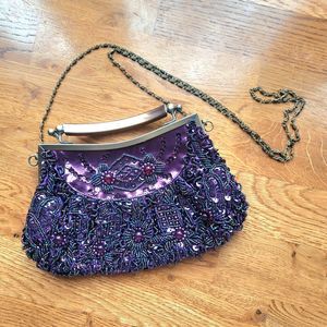 Beaded Clutch Evening Bag Flapper Purple Vintage Sparkle Chain Strap Prom Snap